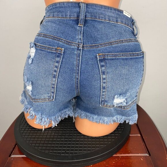 Almost Famous Juniors 3 Distressed Denim Fringe Hem Shorts Boho Festival Summer - Picture 4 of 11